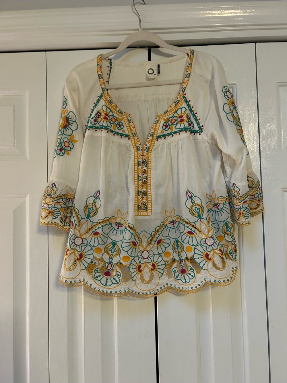 Embroidered White Cotton Peasant Top with Yellow & Teal Accents